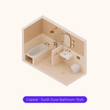 Axonometric cutaway of a long peach and cream bathroom layout with bath, shower, basin and toilet
