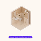 Axonometric cutaway of a square peach and cream bathroom layout with shower, basin and toilet