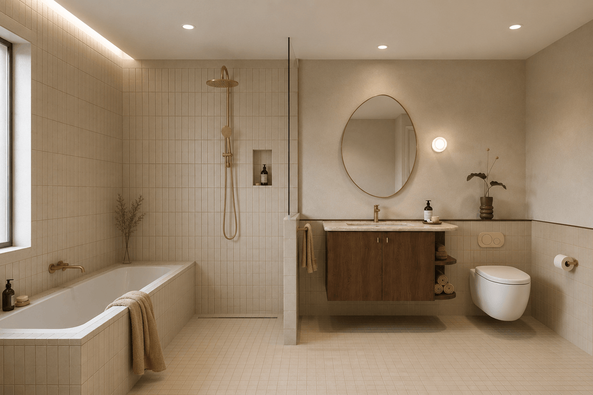 Champagne Silk designer bathroom 3D render